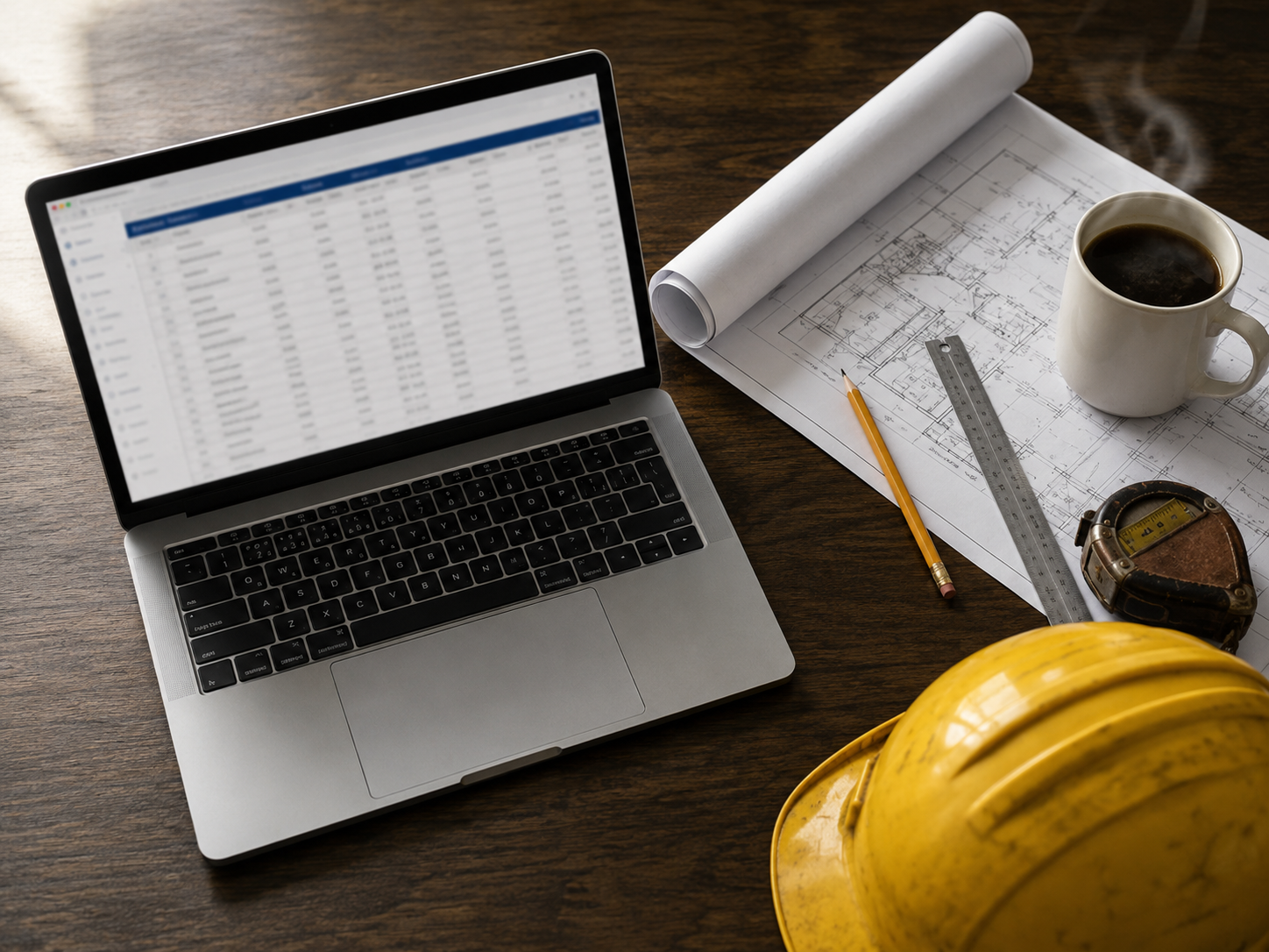 A construction estimator's desk with the Steelplumb interface open on a laptop